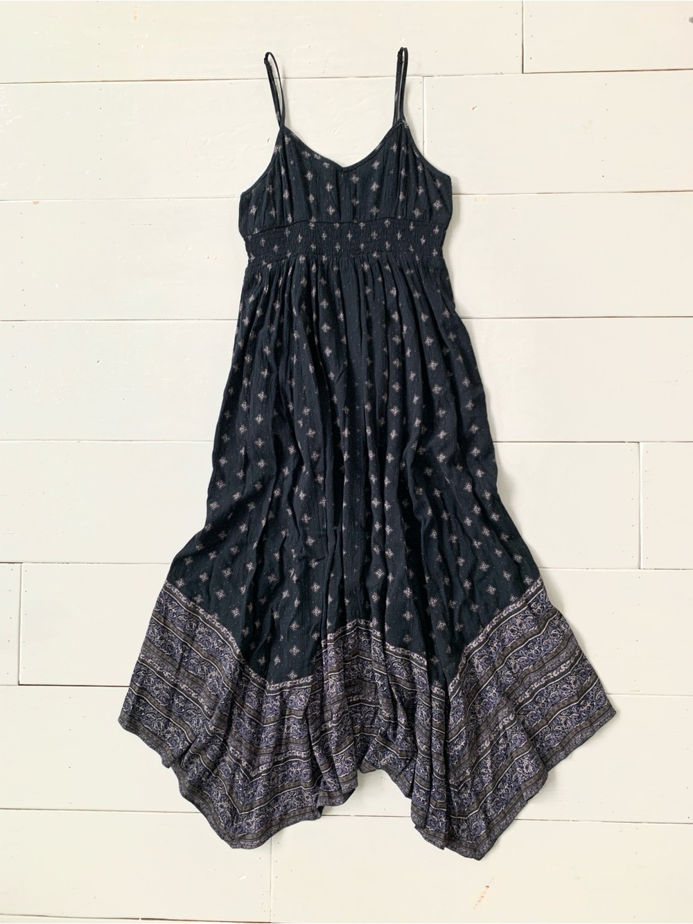 American Eagle Outfitters Black Boho Patterned Maxi Dress Handkerchief Hem S